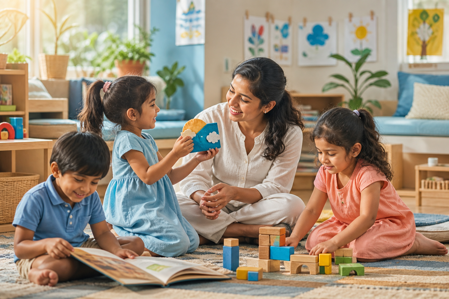 Teacher encouraging preschool children