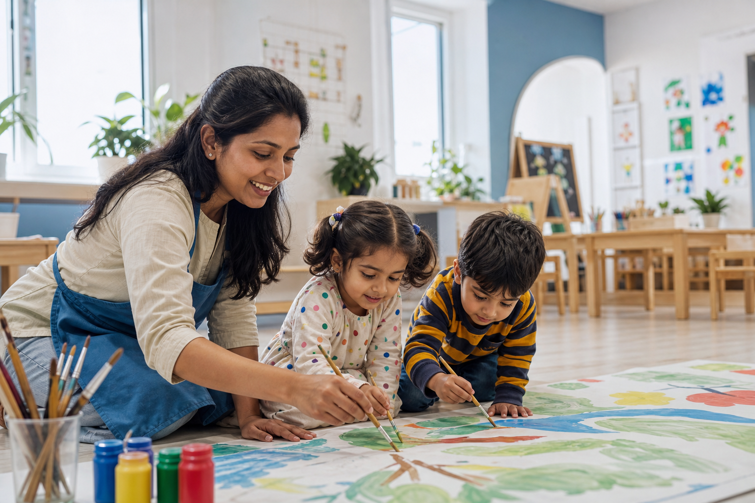 Children painting with a teacher