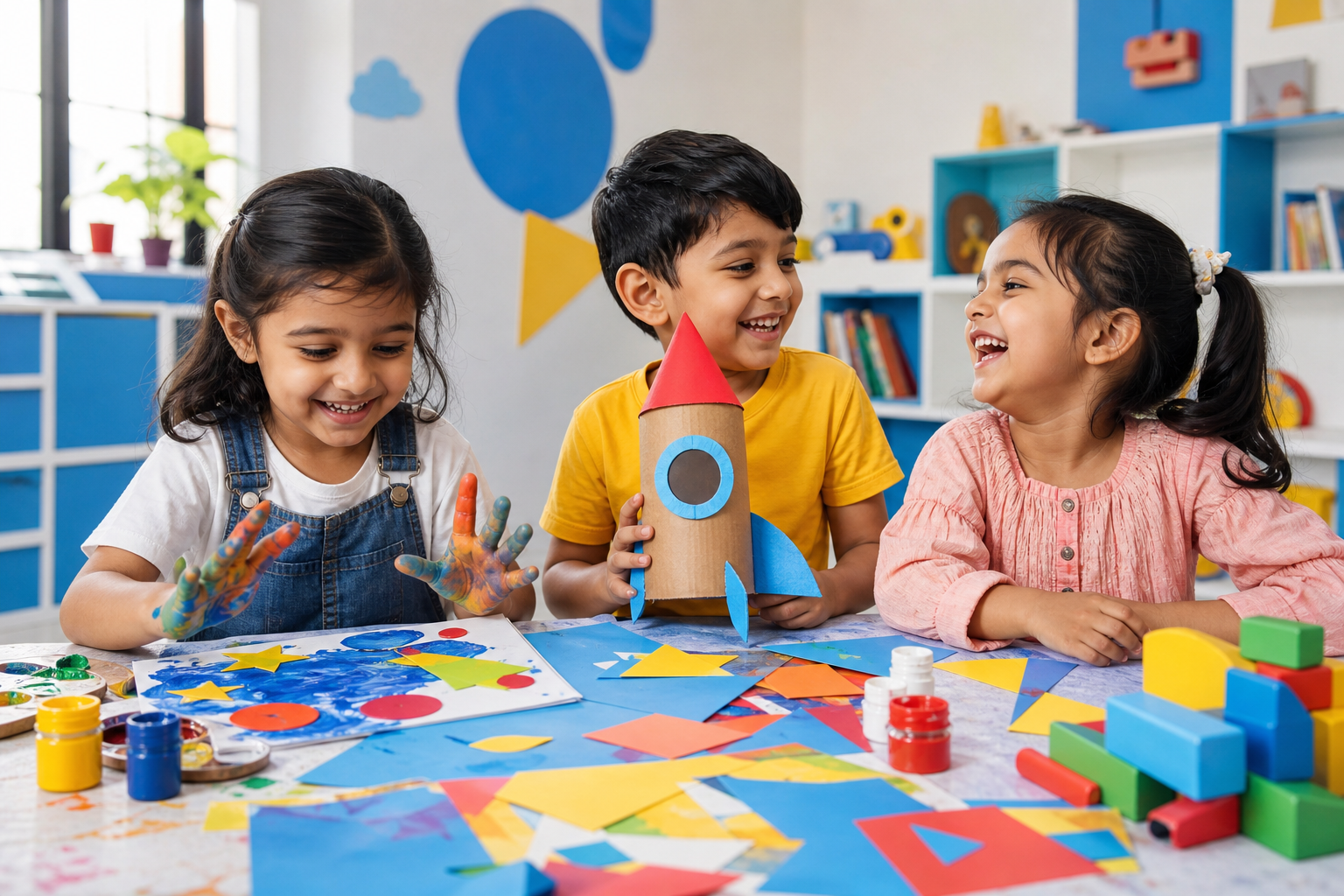 Teacher and preschool children playing with blocks